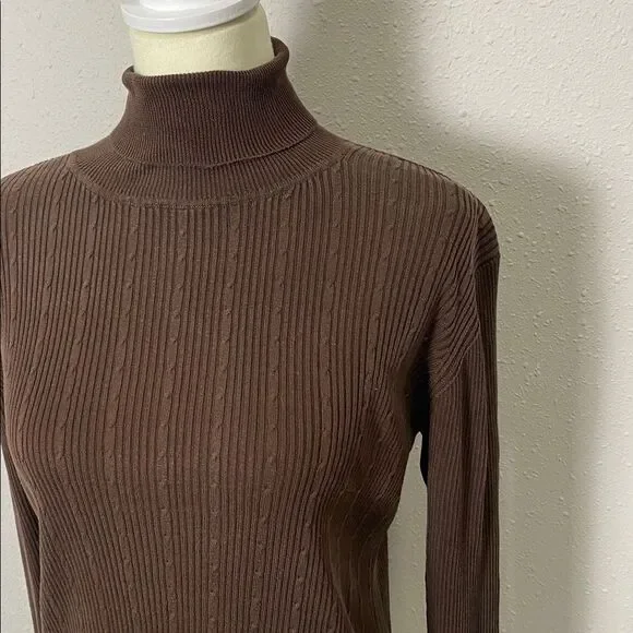 Louben 100% Silk Classic Ribbed Turtleneck Sweater Brown Women's Size M - Picture 7 of 10
